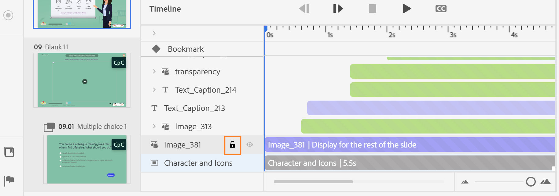 Objeto bloqueado en la diapositiva de Captivate con un icono de bloqueo y candado cerrado visible en la fila de la Cronología.