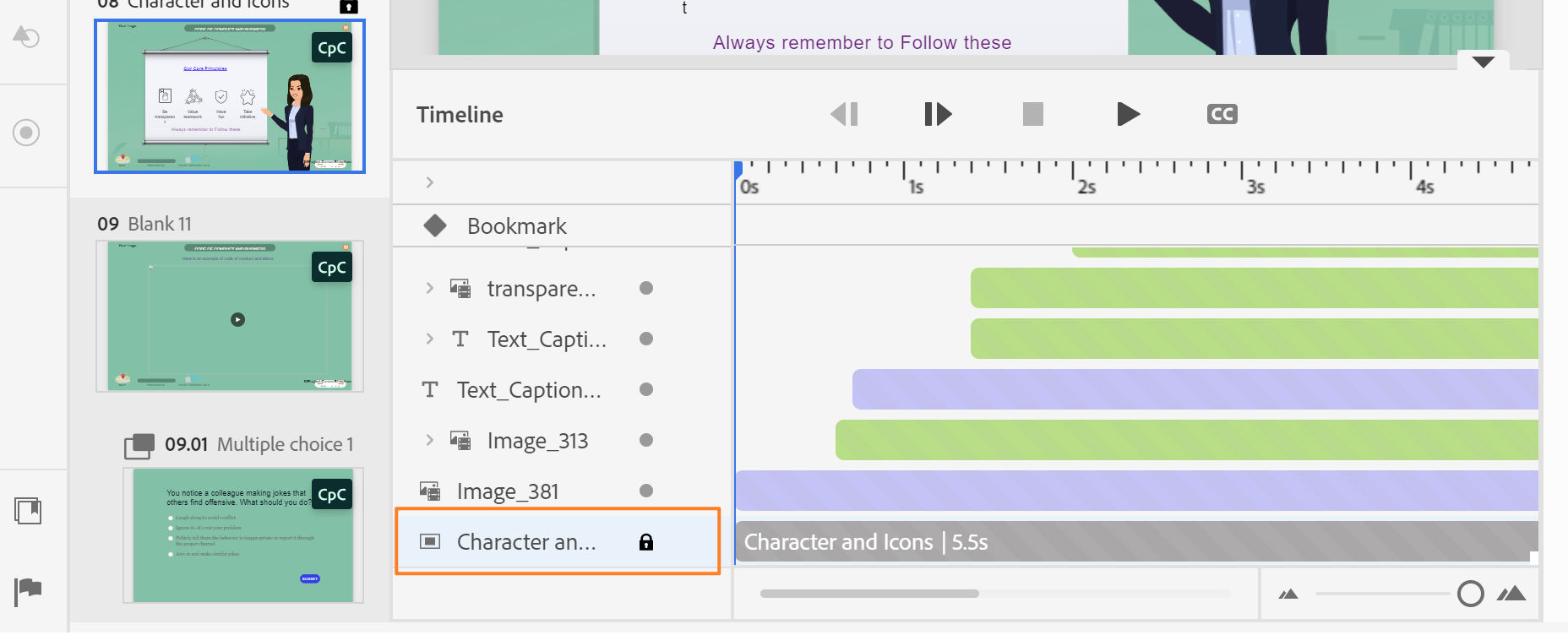Espacio de trabajo de Captivate mostrando una diapositiva bloqueada con iconos de candado en la miniatura de la diapositiva, el borde del lienzo y todas las filas de la cronología.