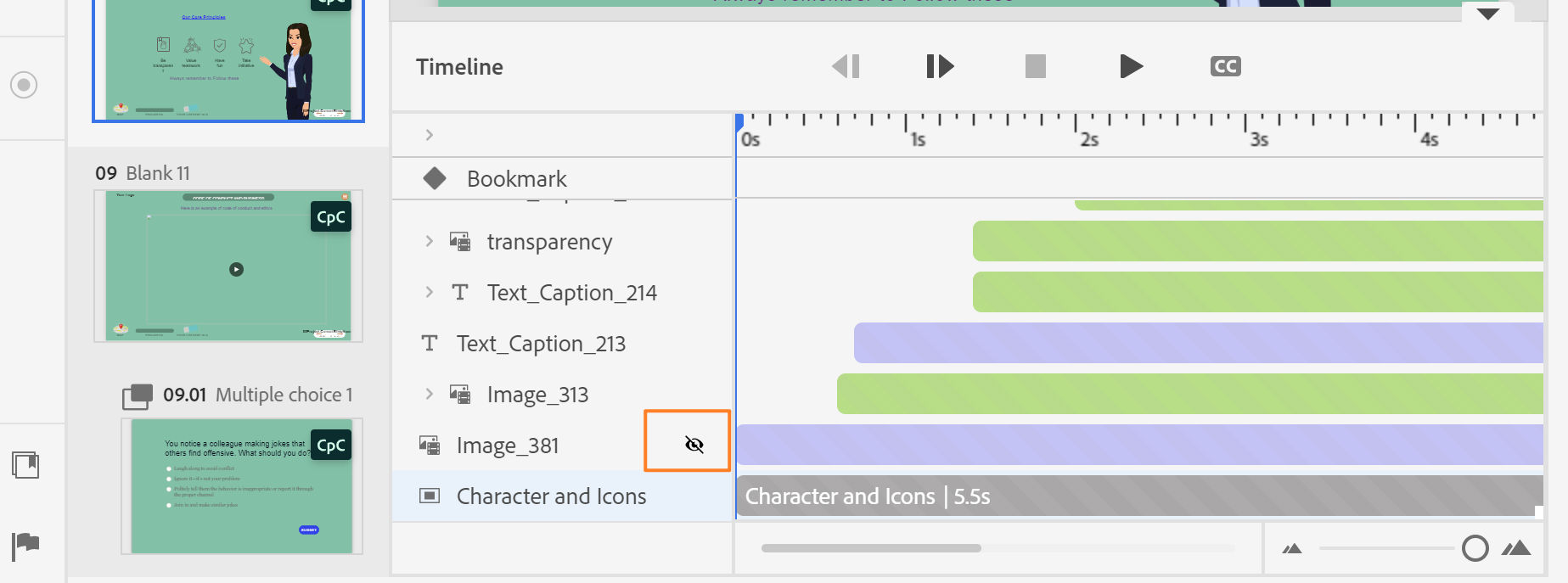 Cronología de Captivate con el icono del ojo activado para restaurar un objeto oculto y hacerlo visible en el lienzo de la diapositiva.