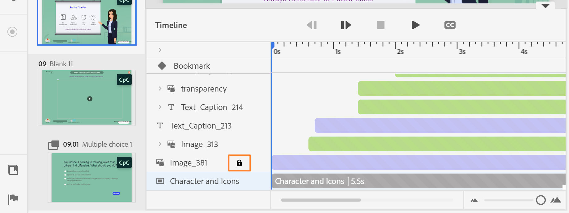 Lienzo de Captivate con un objeto desbloqueado que muestra controladores de cambio de tamaño y filas de cronología con iconos de candado y ojo.