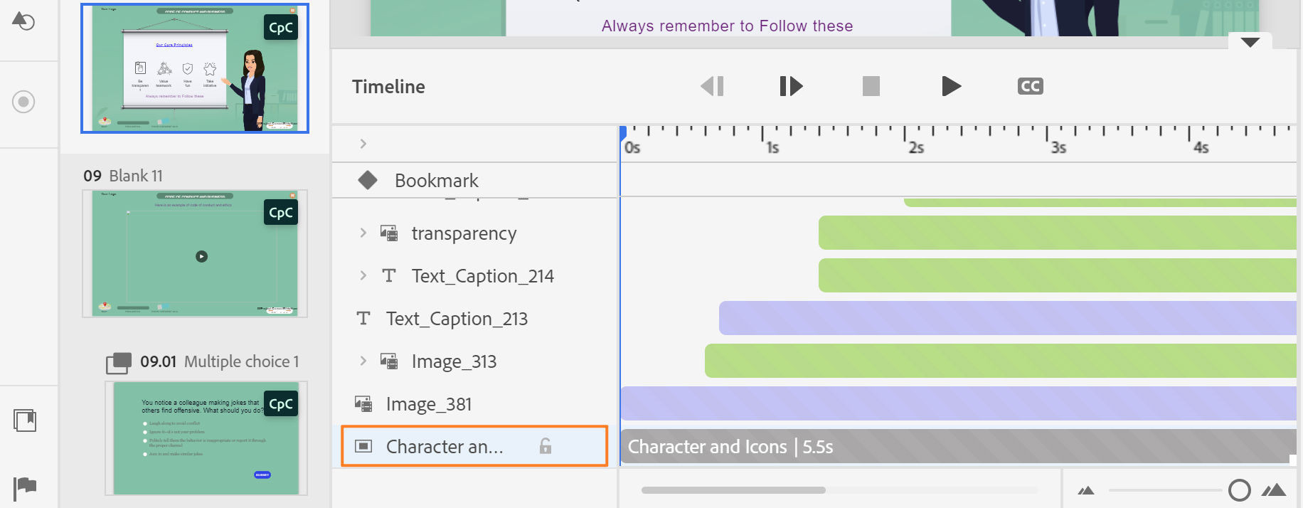 Espacio de trabajo de Captivate con iconos de candado visibles en el lienzo, filas de objetos de la cronología y panel Diapositivas después de bloquear una diapositiva.