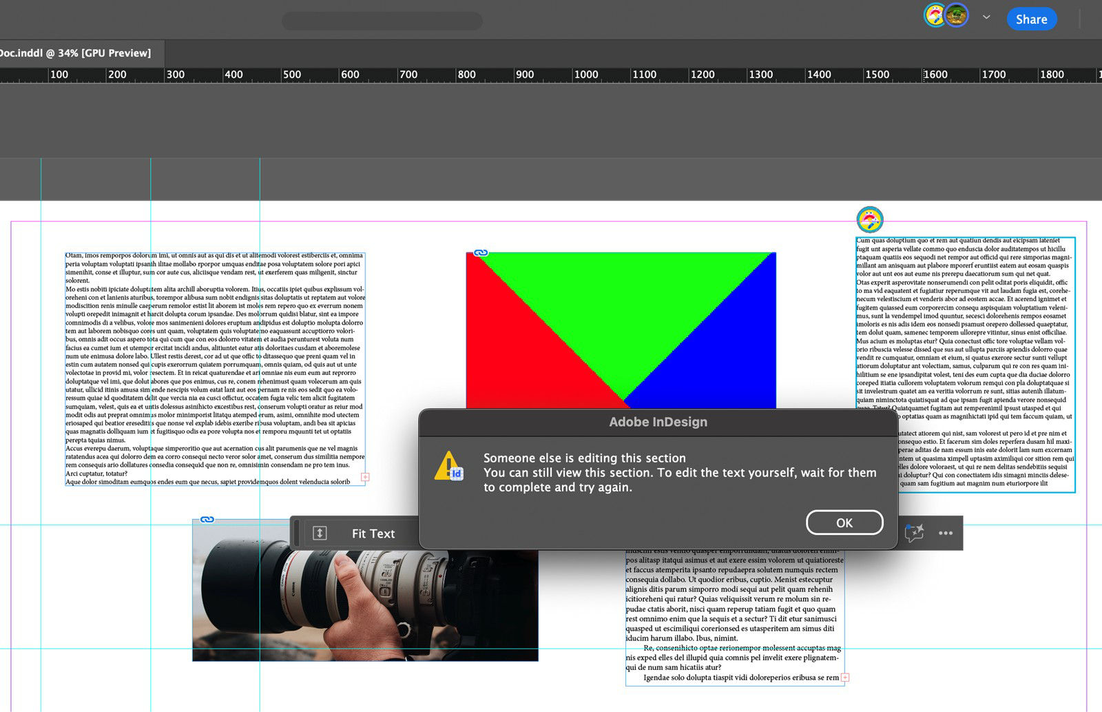 InDesign co-editing warning dialog stating another collaborator is editing the section, with an OK button to dismiss.