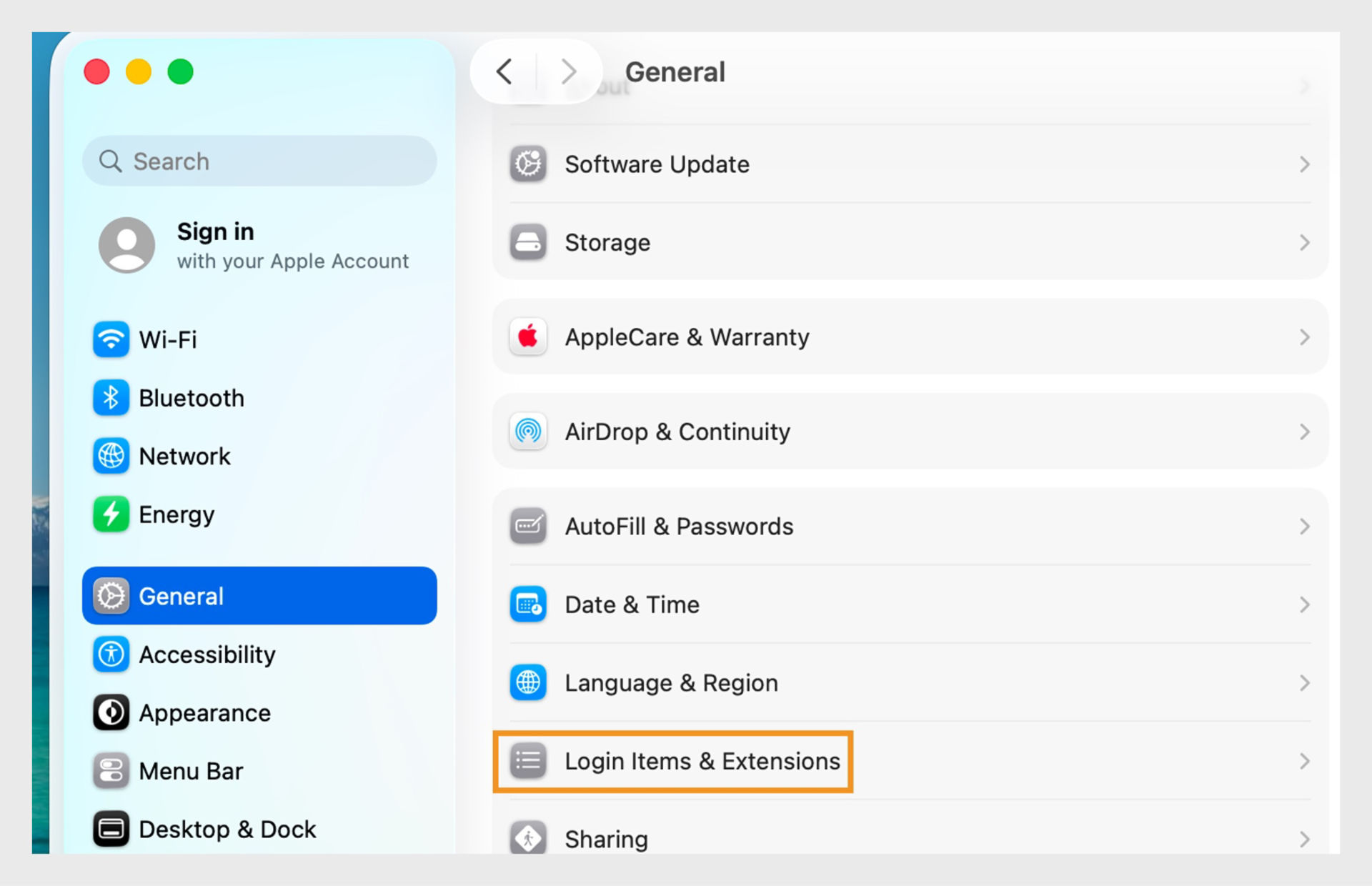 The Login Items & Extensions button, available under the General tab in System Settings window, allows you to select which apps you want to run when you log in to your device profile. . 