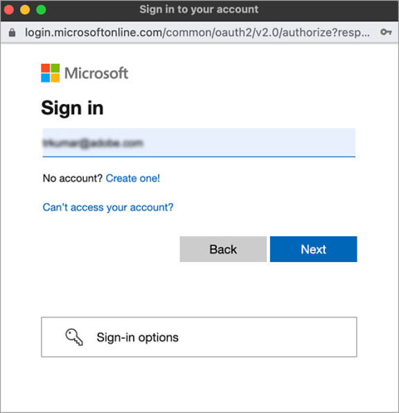 OneDrive sign in dialog