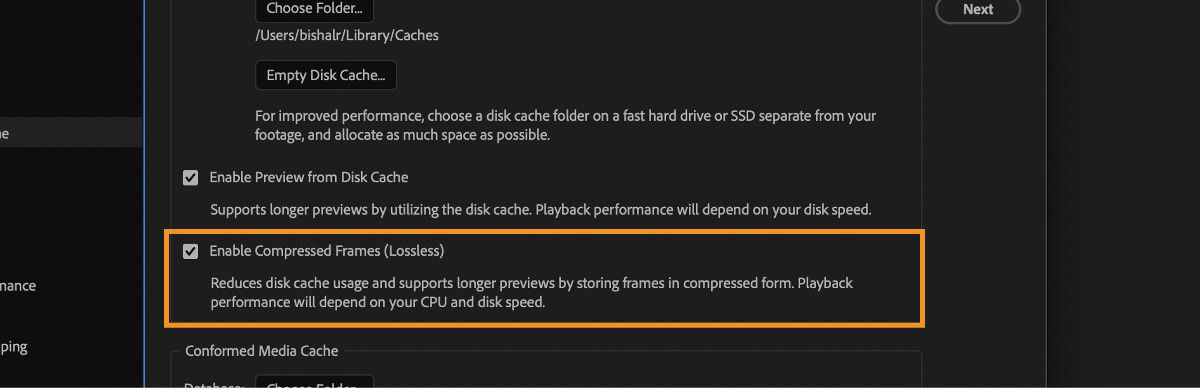 The Disk Cache section is open, and the Enable Compressed Frames (Lossless) option is unchecked.