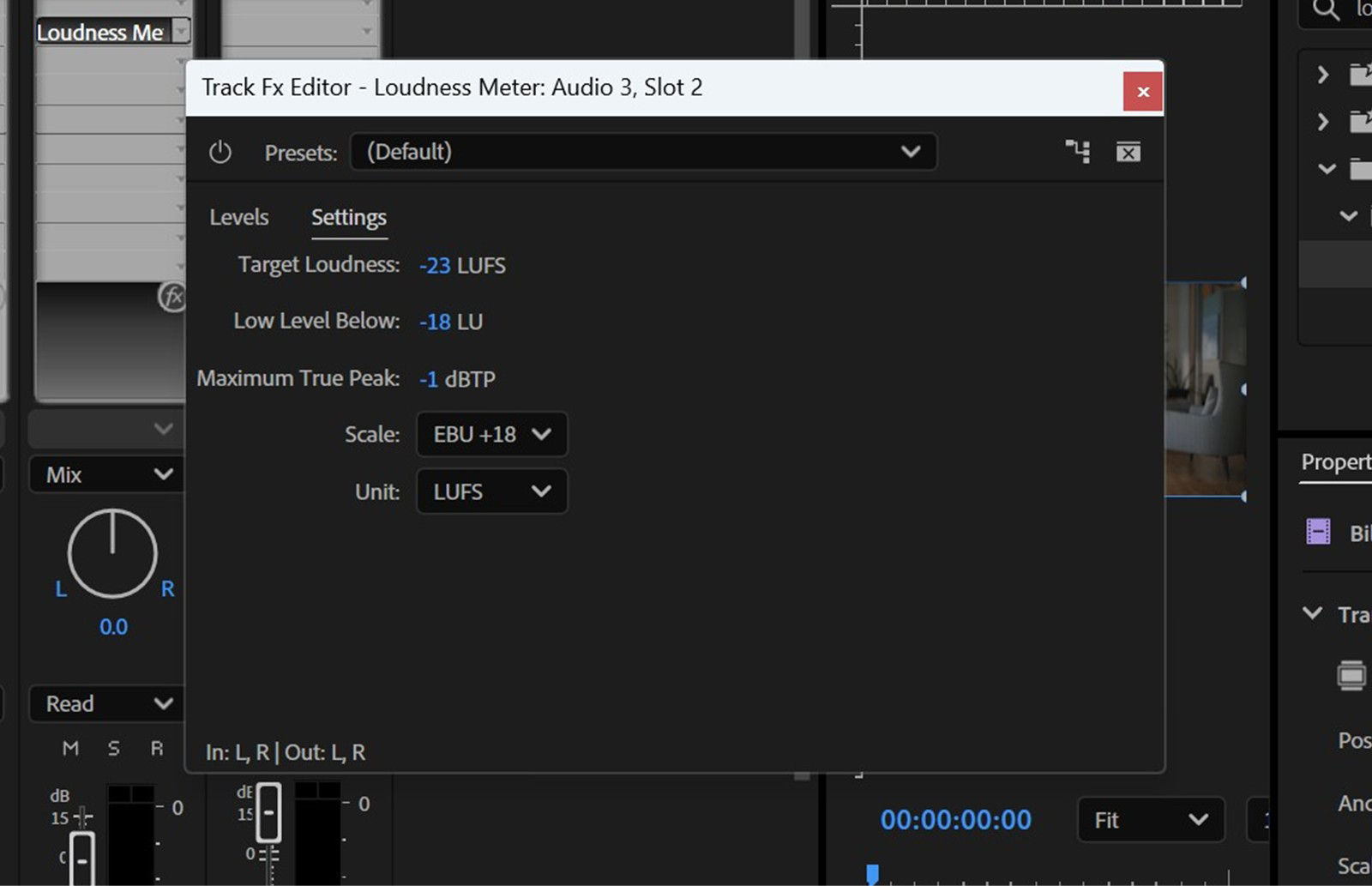 The Settings tab is open in the Track Fx Editor - Loudness Meter dialog box, and it offers various options for loudness settings.