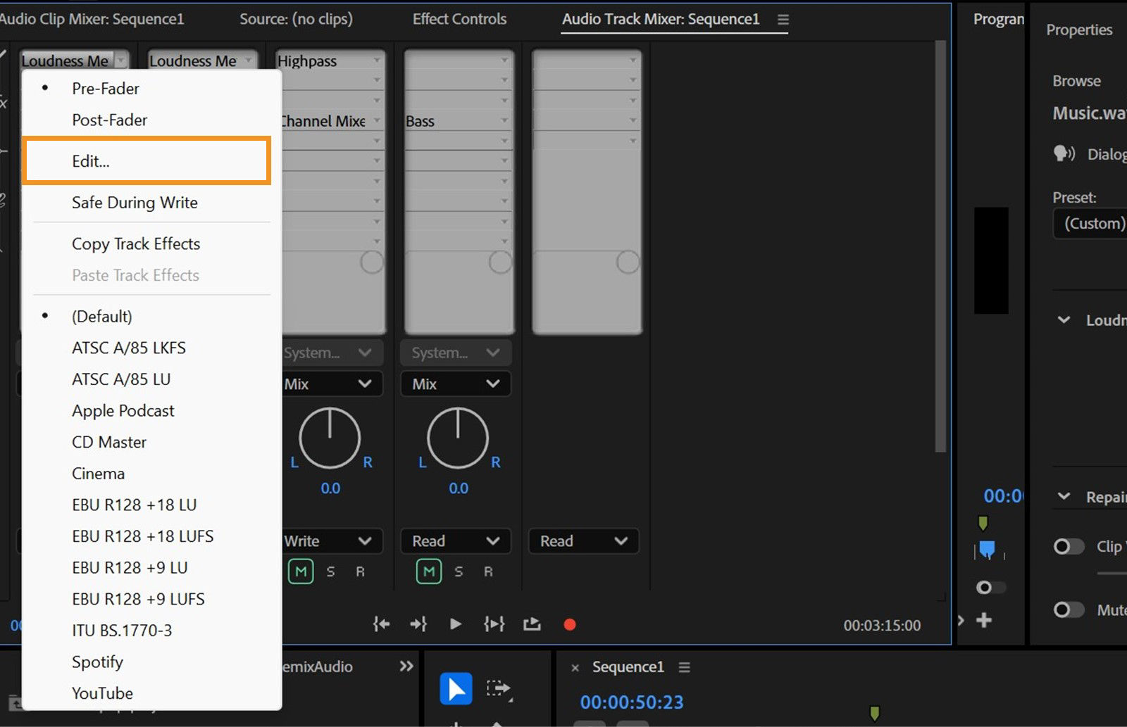 The Loudness Meter drop-down is open and the Edit option is selected.