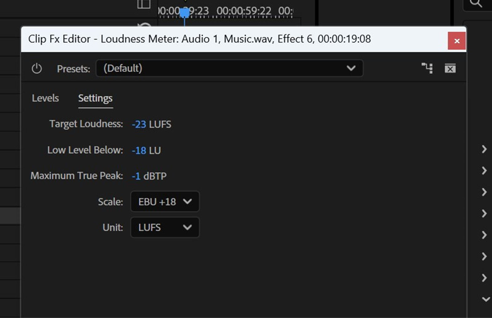 Loudness Meter dialog is open and the Settings tab is highlighted with various options for loudness settings. . 