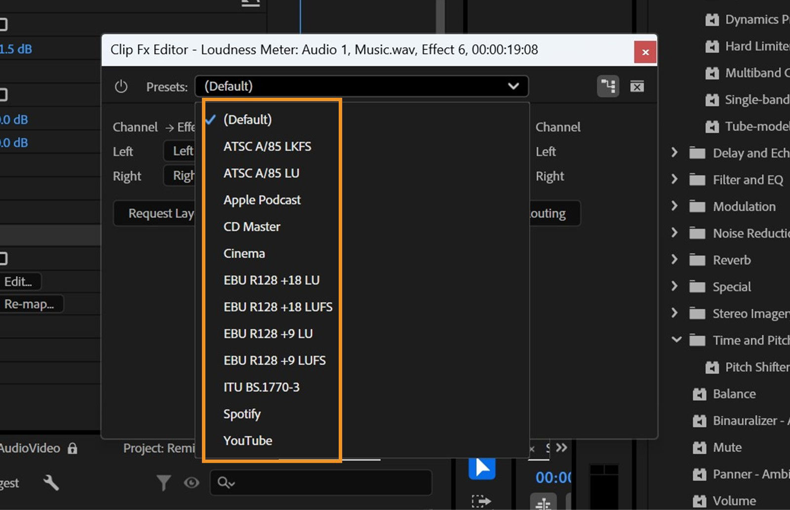 Loudness Meter dialog is open with various preset options. 
