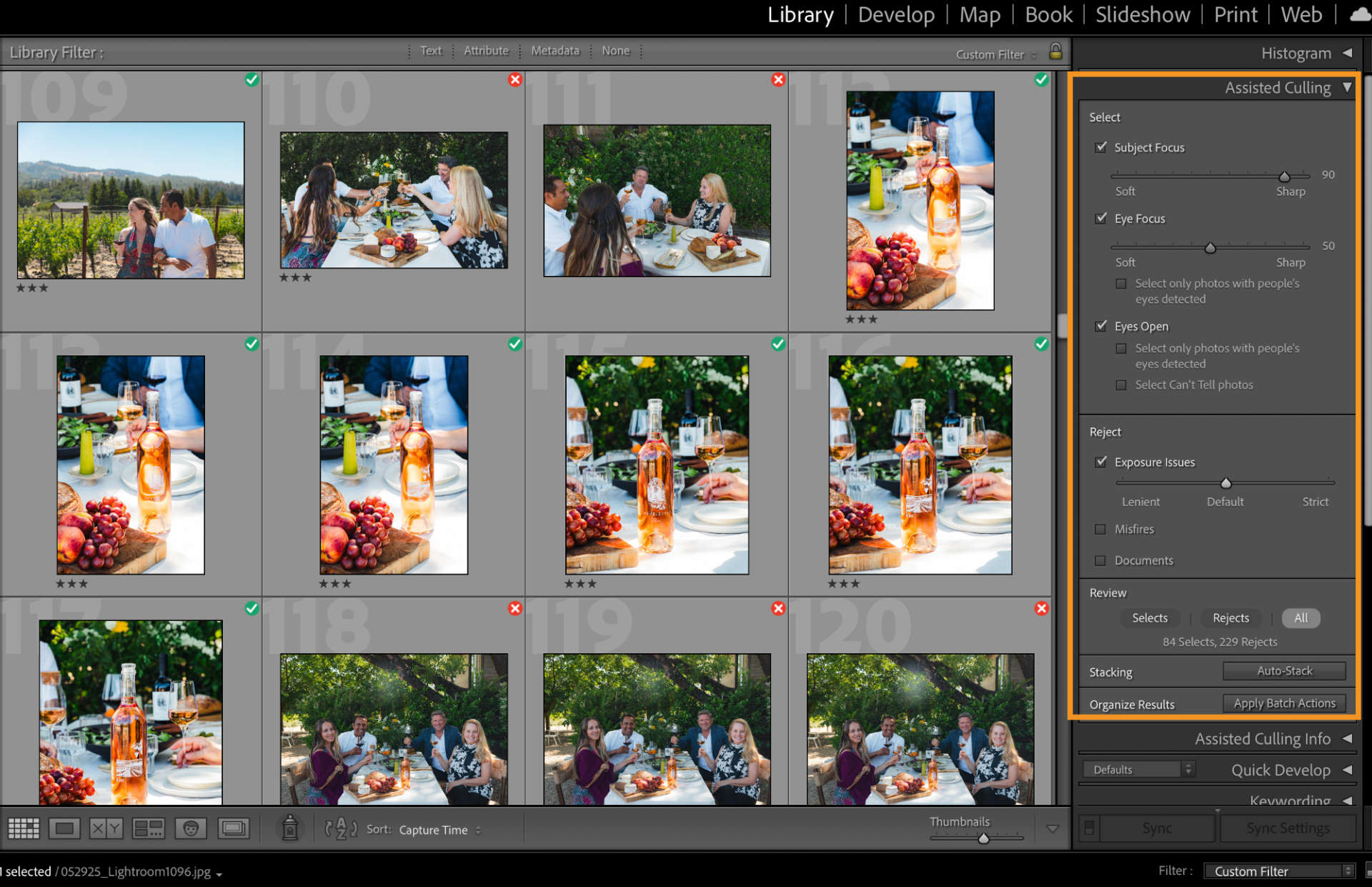 UI of Assisted Culling in Lightroom Classic to sort the best photos from a large set of photos. 