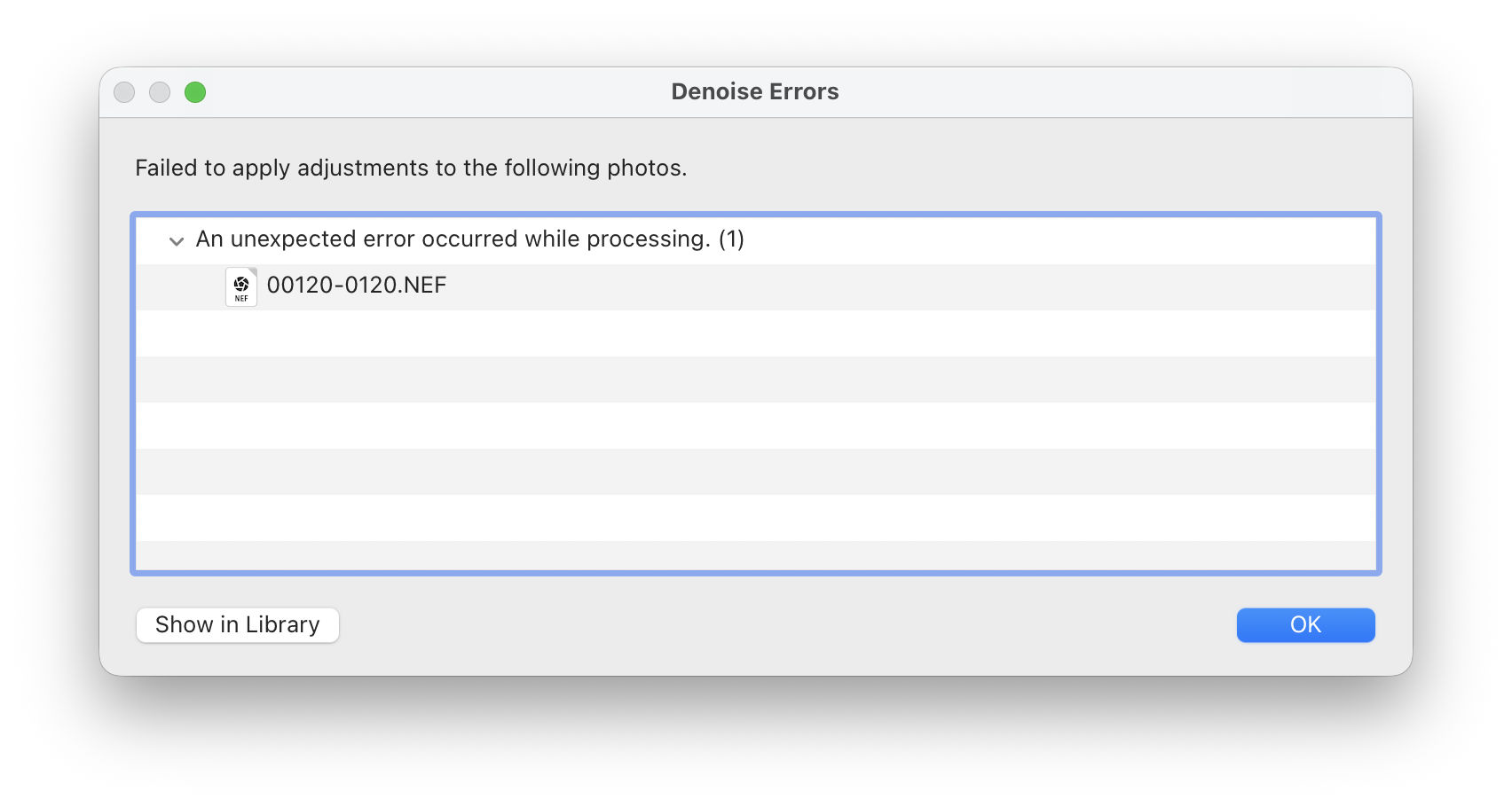Denoise Errors dialog box in Lightroom Classic shows a processing error for a photo and listing the affected file.
