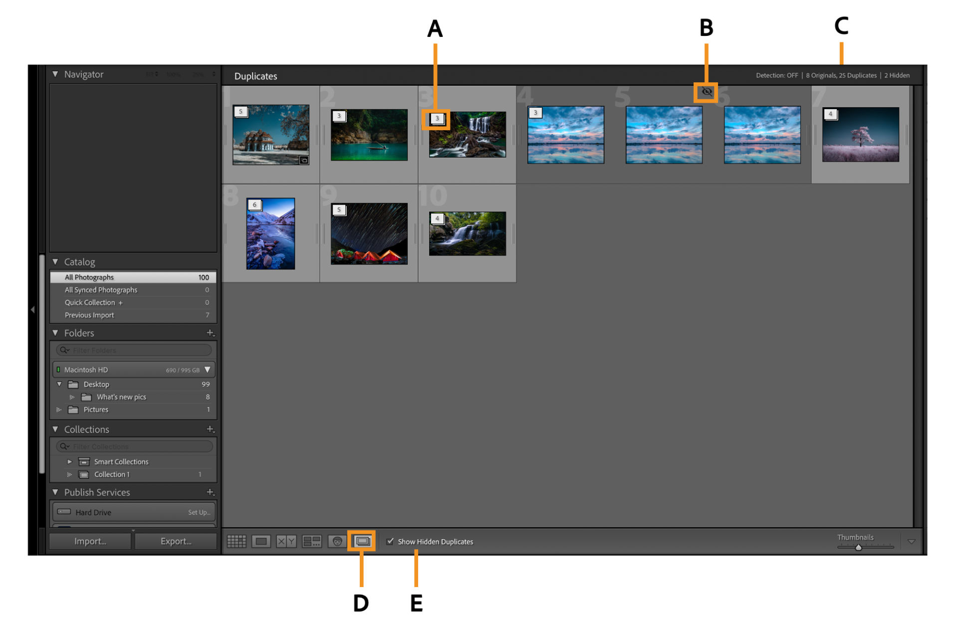 Lightroom Classic Grid view showing grouped duplicate photo stacks labeled A through E. The image highlights duplicate stack counts, the stacked duplicates icon, and the Show Hidden Duplicates option in the toolbar and status bar.