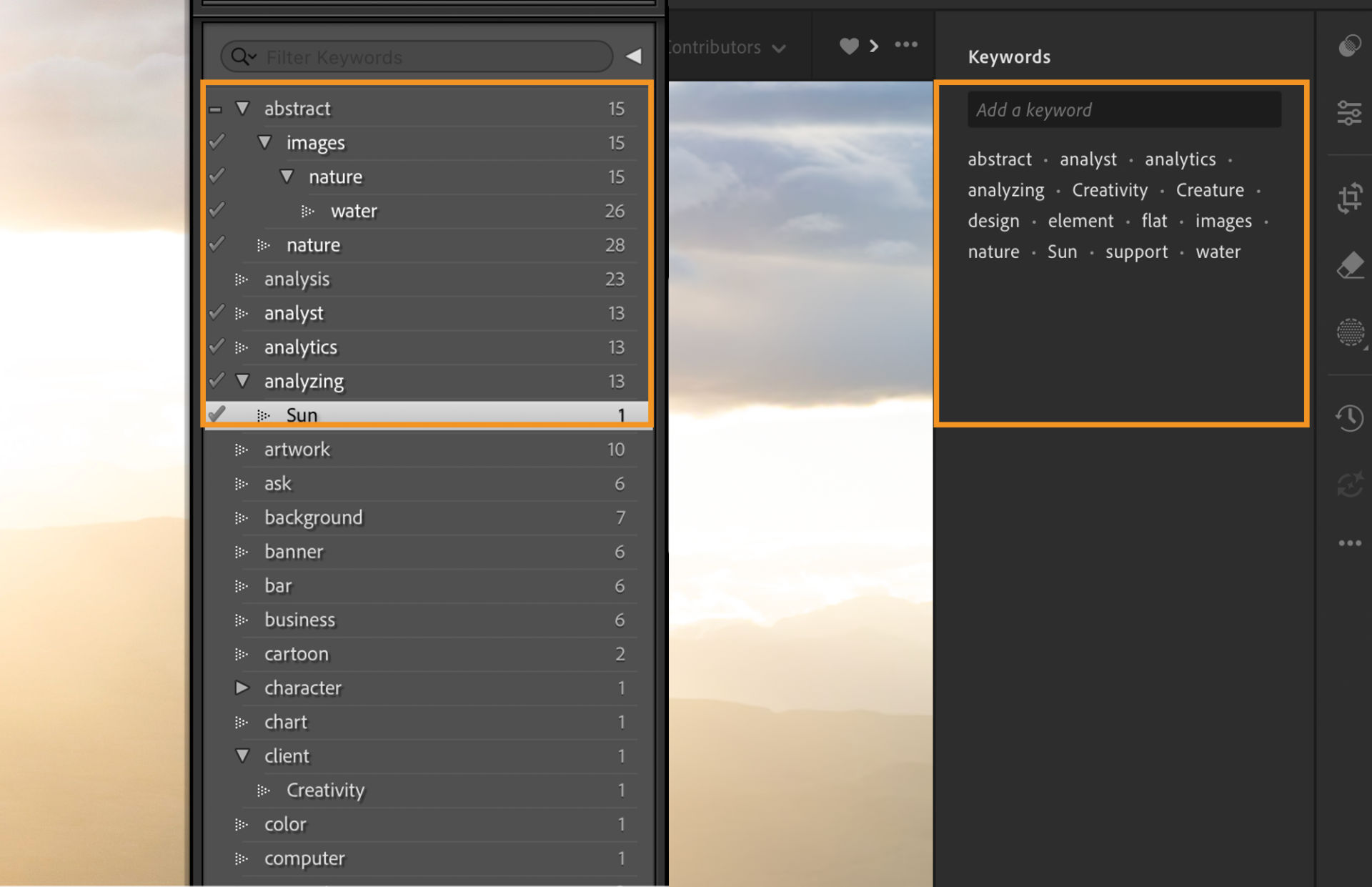 Side-by-side view showing hierarchical keywords in Lightroom Classic on the left and the same keywords synced as flat keywords in Lightroom desktop on the right.