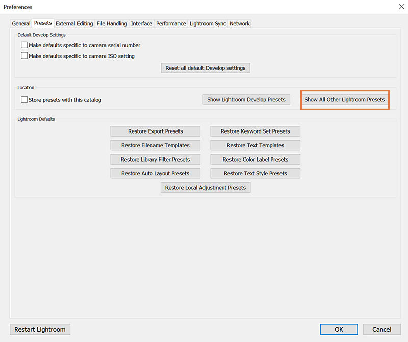 Show all other Lightroom presets 