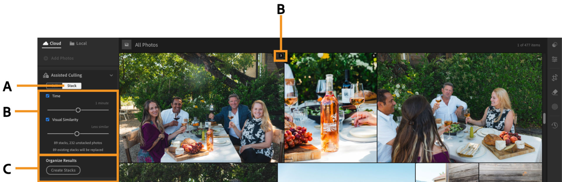 An album of kids is opened in Lightroom canvas where Stack feature is highlighted.