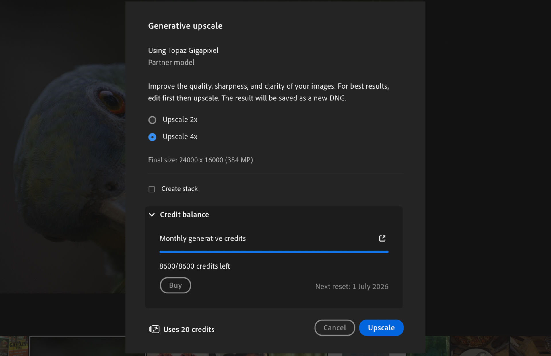 Generative Upscale dialog shows 2x and 4x upscaling options, image size preview, generative credit balance, and an Upscale button to enhance image quality and resolution.