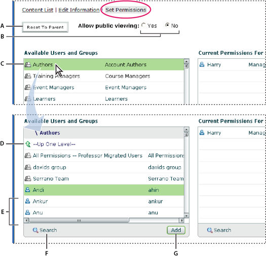 Setting permissions and navigating Available Users and Groups.