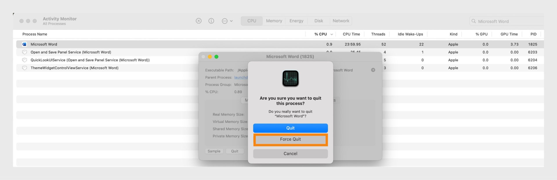 macOS Activity Monitor prompting to quit or force quit Microsoft Word, with Force Quit highlighted.