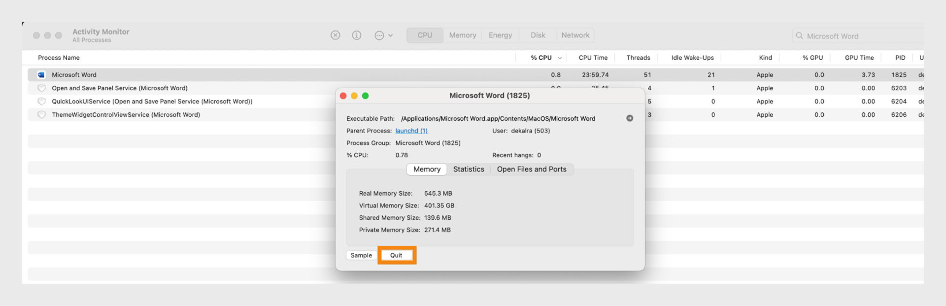 macOS Activity Monitor showing Microsoft Word process details with the Quit button highlighted.