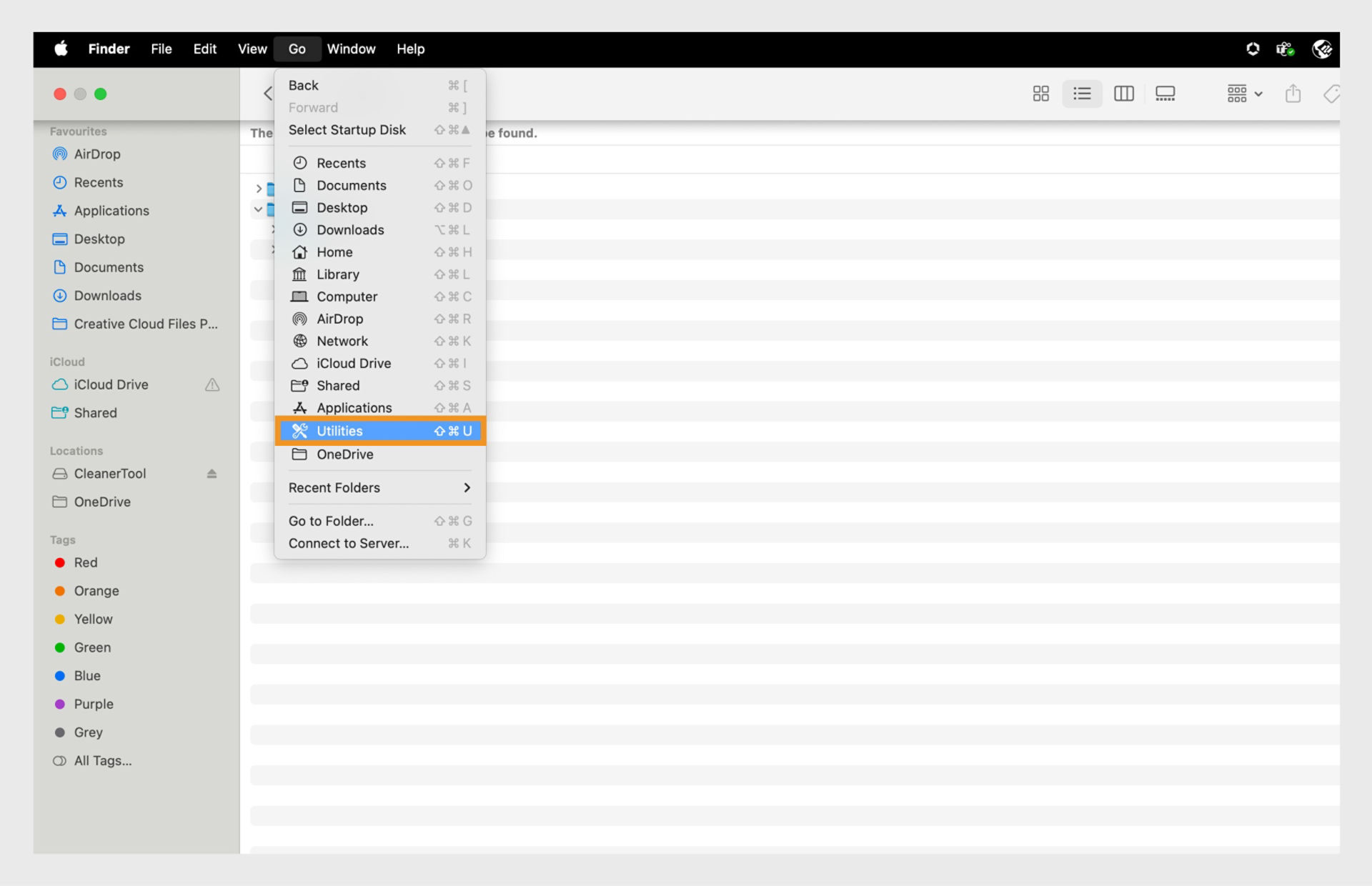 macOS finder window highlighting the Utilities folder in the left sidebar.