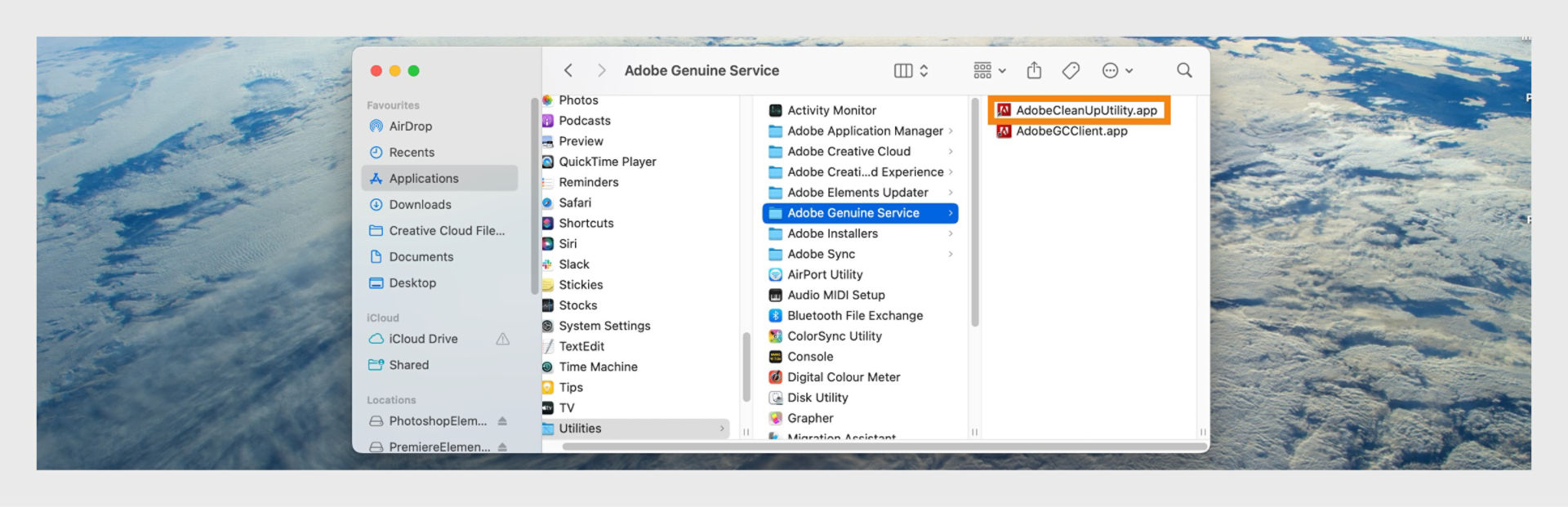 Finder window showing the Adobe Genuine Service folder with AdobeCleanUpUtility.app highlighted.