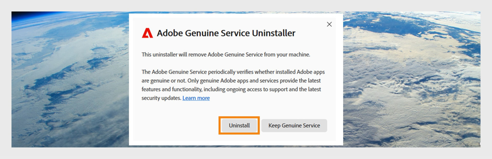 Adobe Genuine Service Uninstaller window on macOS with the Uninstall button highlighted.