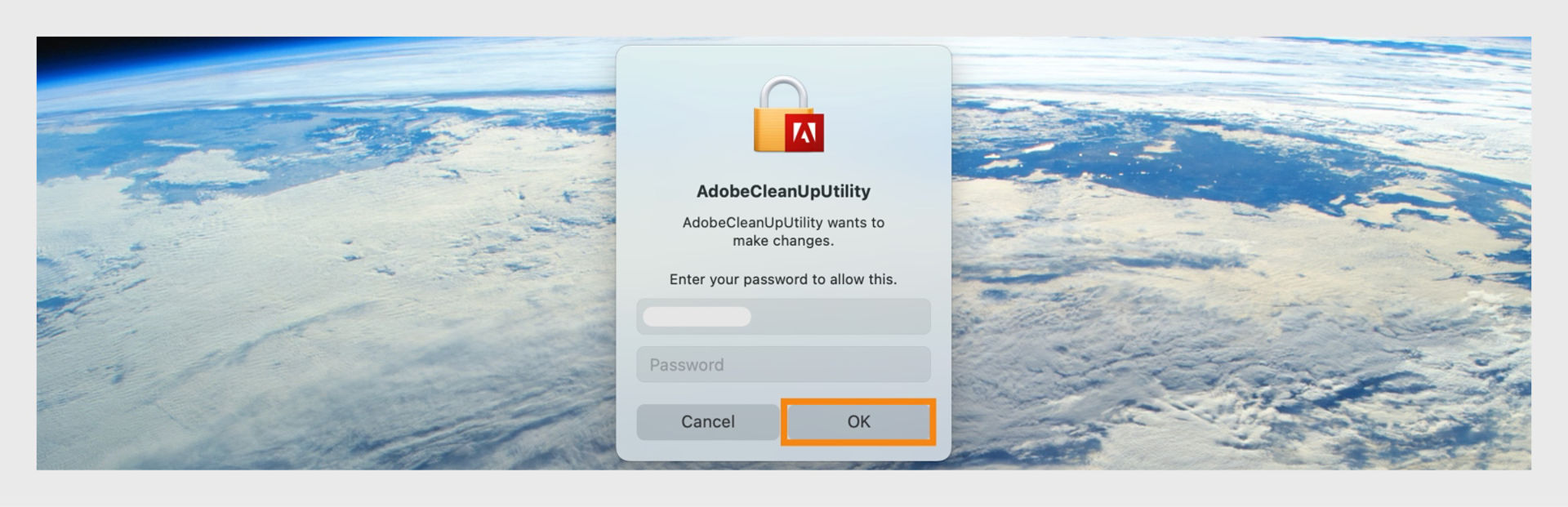 macOS password prompt for AdobeCleanUpUtility, with the OK button highlighted.
