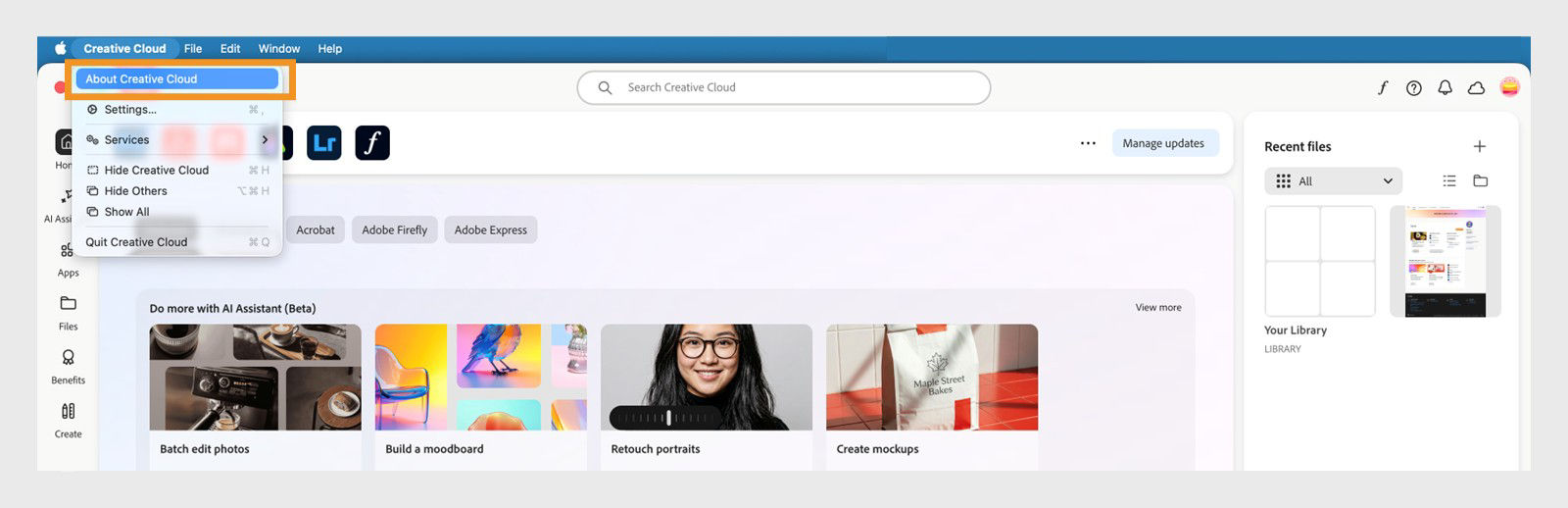 Find the Creative Cloud desktop app version on macOS. Open the Creative Cloud menu and select About Creative Cloud to view it.
