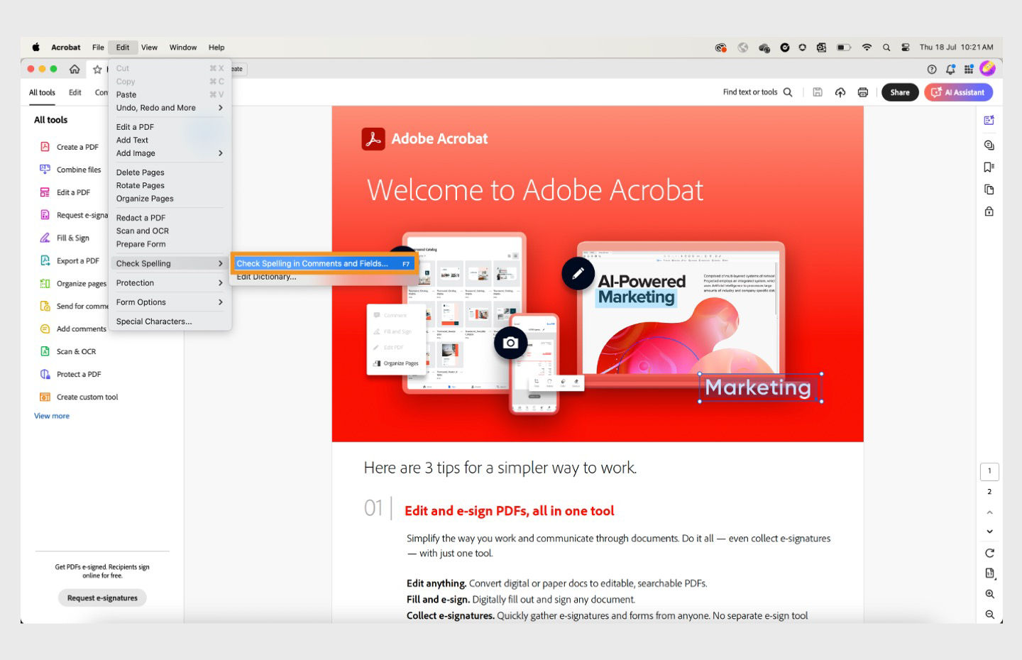 Check spellings in comments and fields option is highlighted in Acrobat.