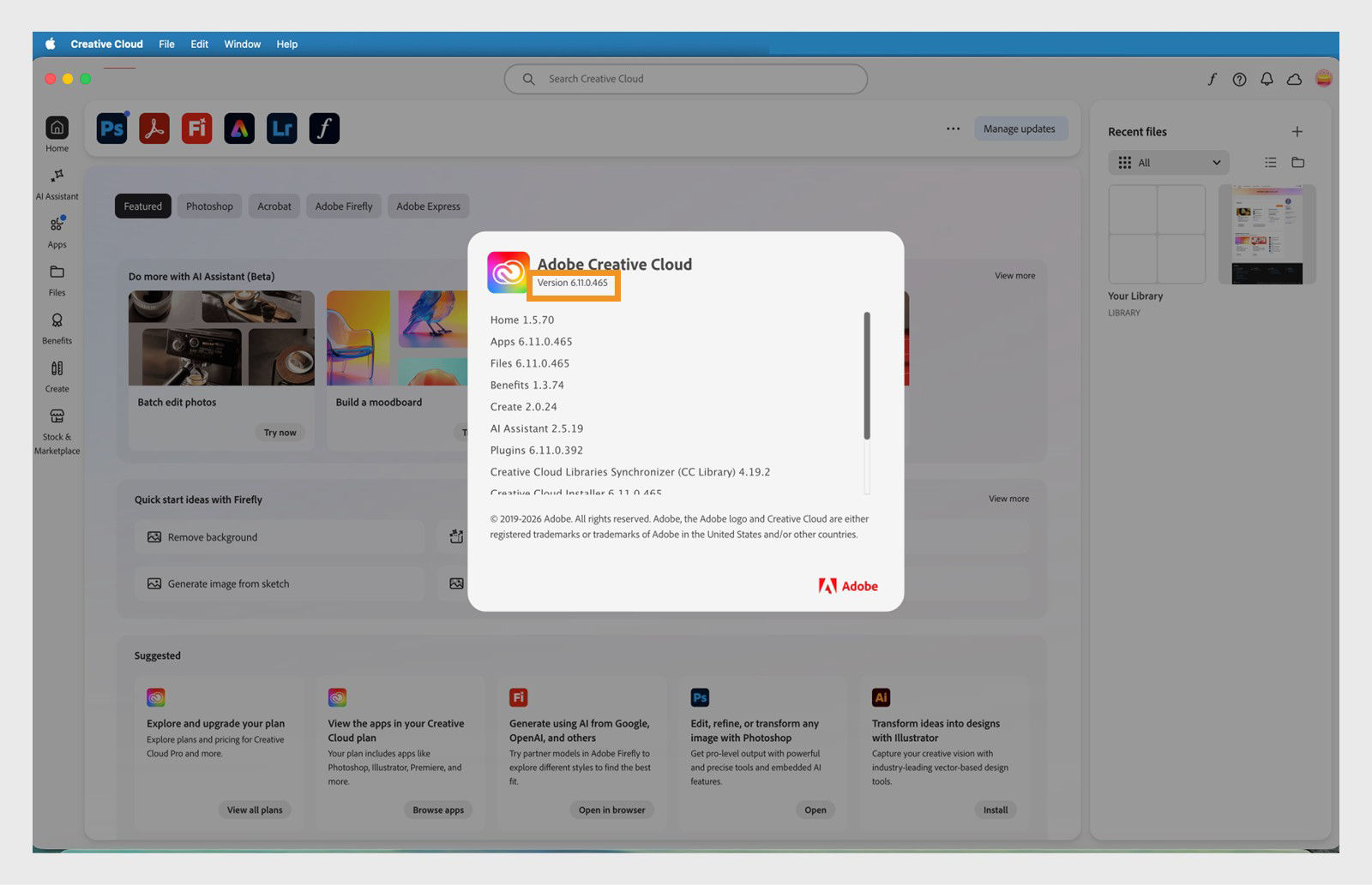 The About Creative Cloud window shows version info for the desktop app and all its components.