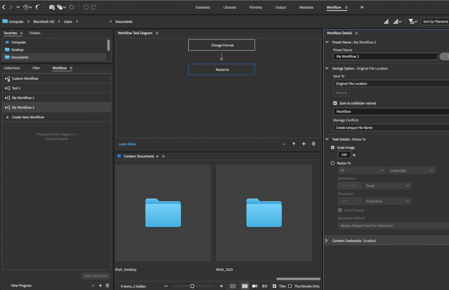 The Workflow panel shows a workflow preset with Change Format and Resize tasks, along with workflow details and saving options.