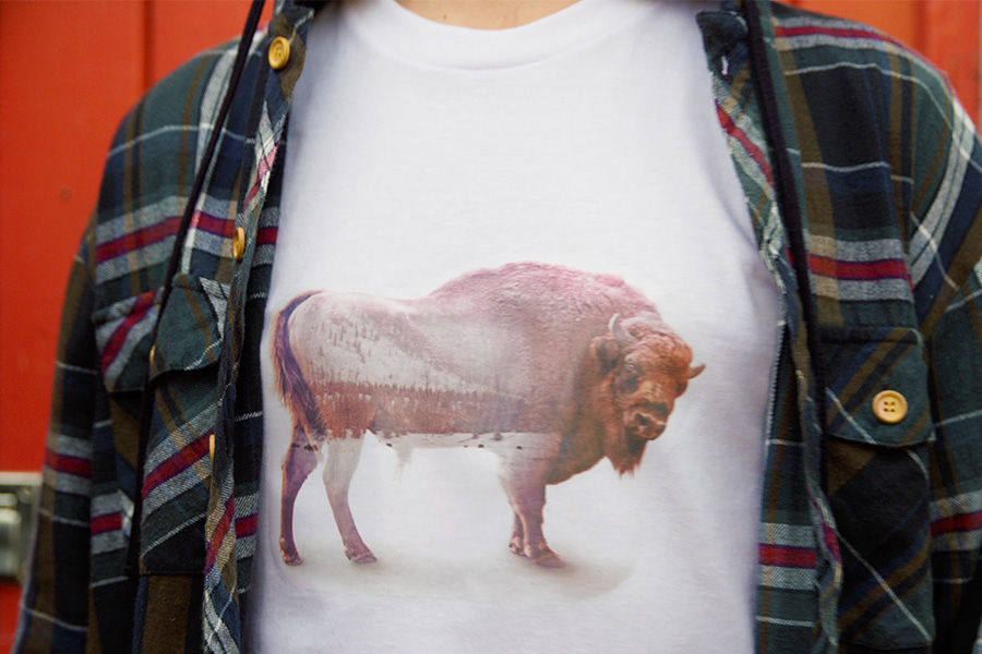 Two images combined with Photoshop to create new composition. Snowy bison artwork is superimposed on man wearing white tshirt