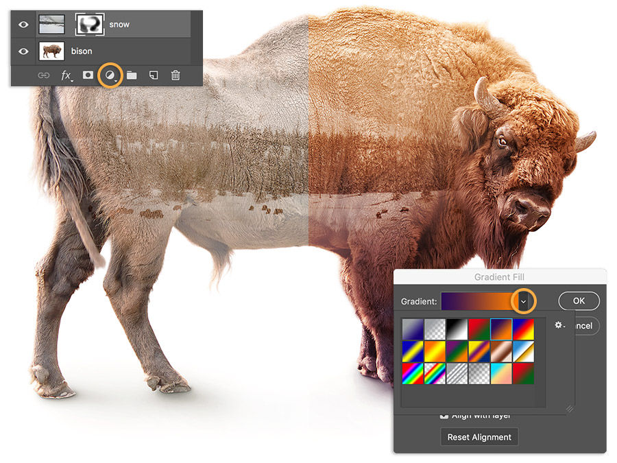 Gradient adjustment layer added, Blend mode set to Overlay, and Opacity reduced to 60% for photo composite effect.