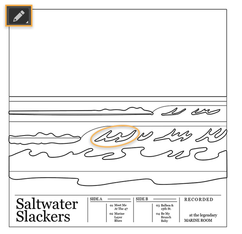 Digital drawing of waves in black outlines, pencil tool at top left, and black type at bottom reads ‘Saltwater Slackers’