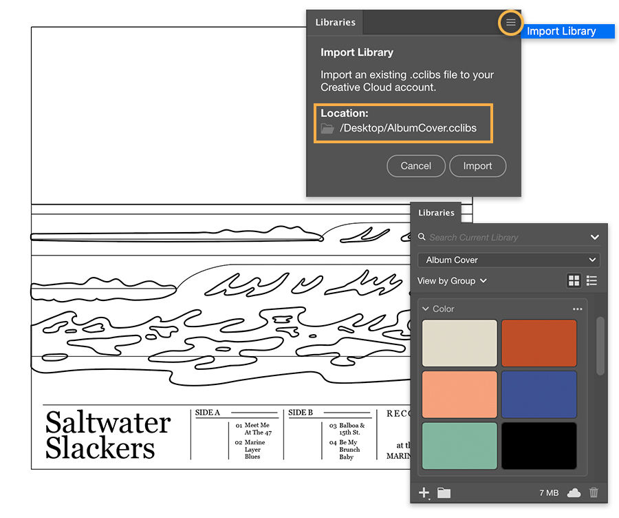 Import Libraries panel over beach drawing shows Creative Cloud Libraries file location & Libraries panel shows color palette