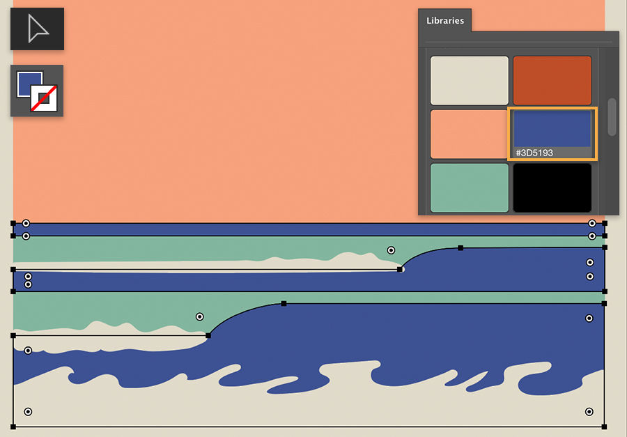 Creative Cloud Libraries panel with blue selected – orange for sky and alternating blue, turquoise, and cream for the waves