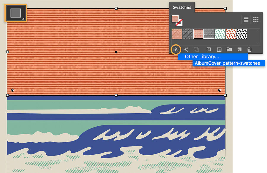 Swatches panel shows patterns, swatch library selected to show specific swatches file, striped pattern on sky