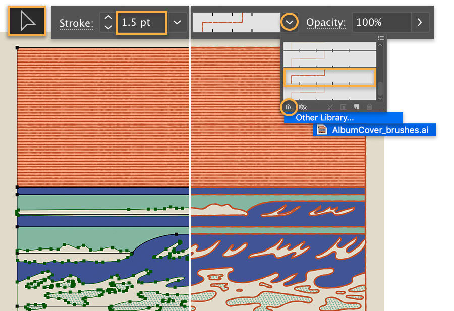 Selection tool and stroke properties across the top, stroke is 1.5 pt, orange pattern applied as stroke to foam in the waves
