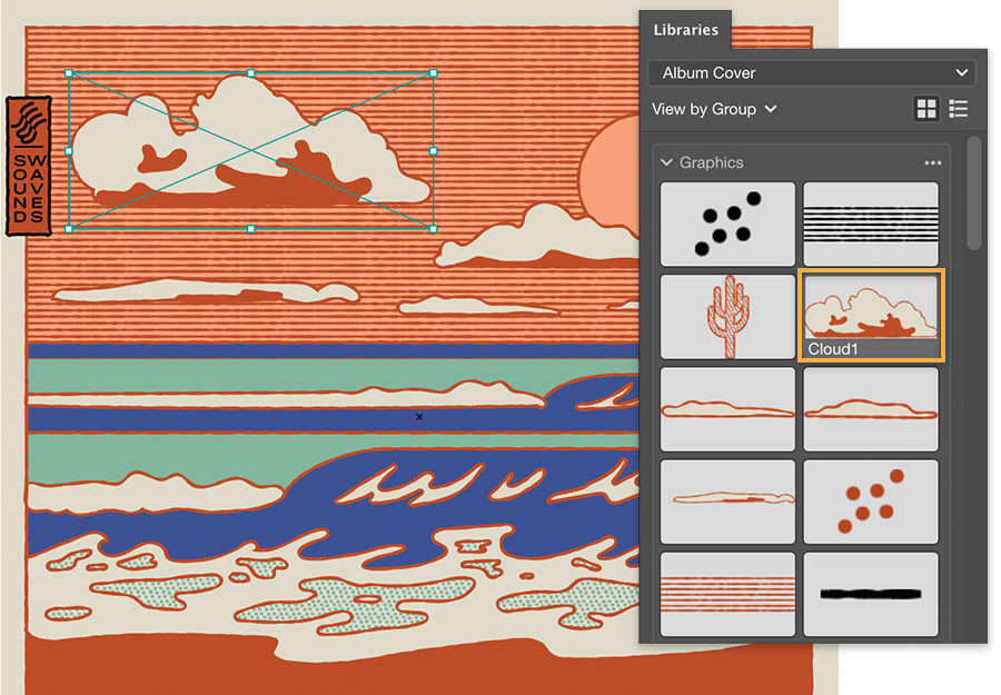 Creative Cloud Libraries panel shows graphics, clouds with orange outlines added to the sky