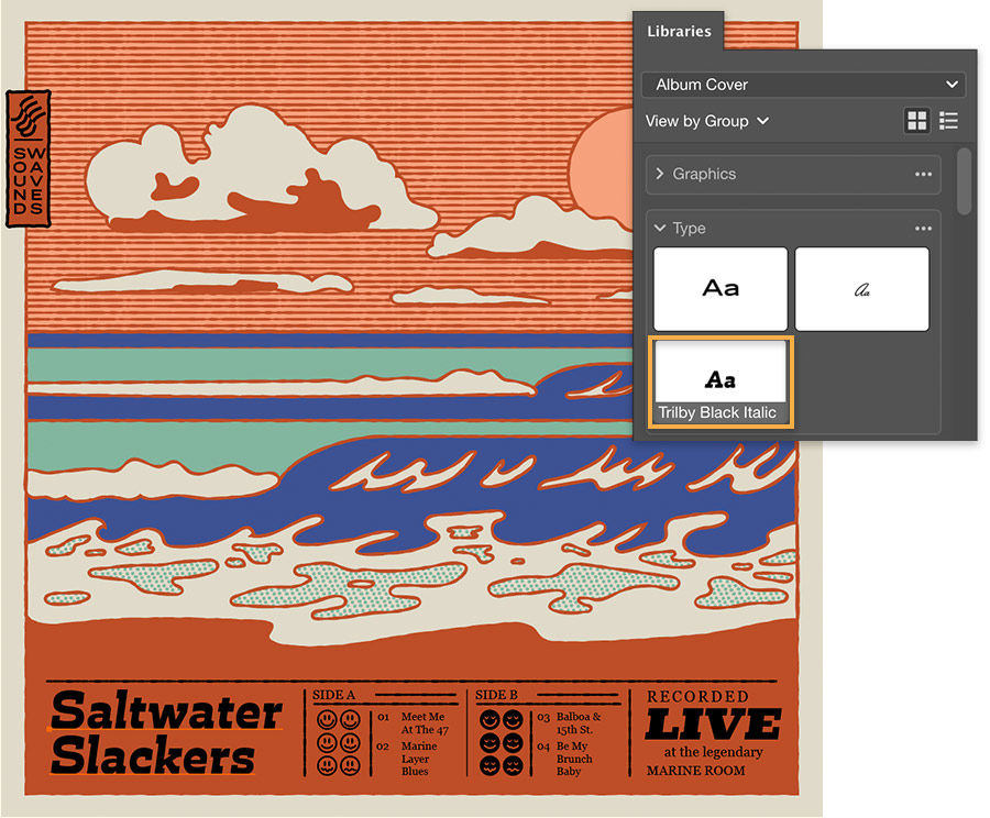 Libraries panel shows Type section, Saltwater Slackers and other album cover text added to the bottom of the artwork