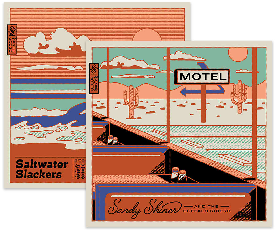 Two album covers show artwork with same color palette and similar graphics, one is beach scene, one is a diner