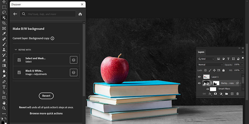 לחץ על Revert כדי לבטל את השינויים שהוחלו באמצעות הפעולה המהירה Make B/W background