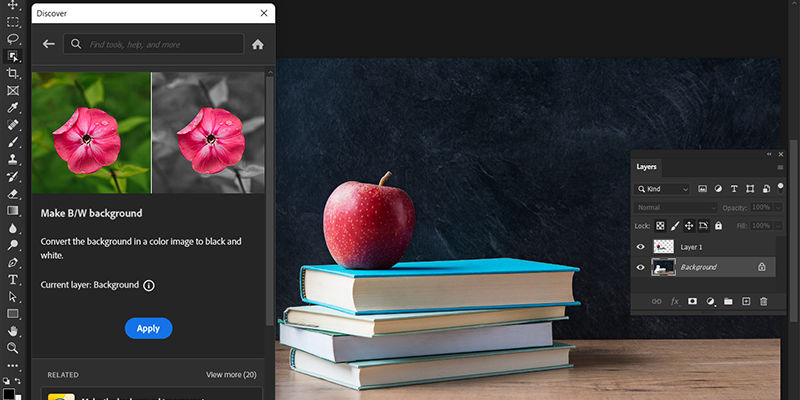 נווט אל החלונית Discover > ‏Quick Actions > ‏Make B/W background ולחץ על Apply