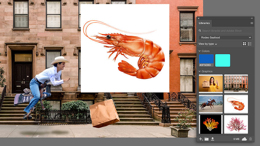 Photoshop file artboard with images cutout and the Library panel open with curated library of coral, shrimp, female rodeo rider, city street brownstones and woman holding brown bag.