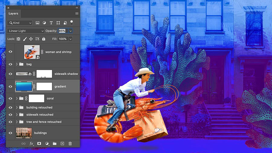 Photoshop file of the composite image with blue gradient layer highlighted in the Layers panel. 