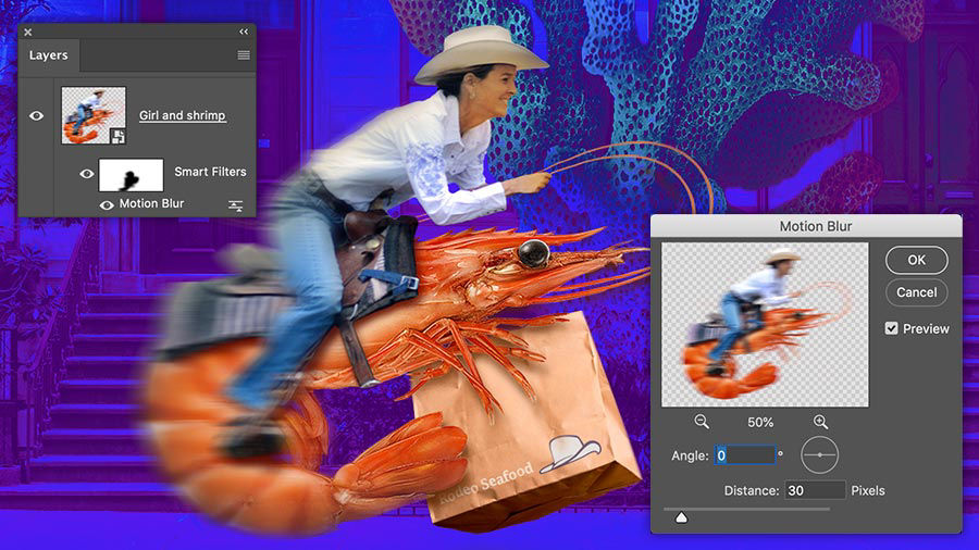 Close up of the surreal composite image of the female rider and shrimp, with the Curves panel visible and the Auto Color Correction Option box.