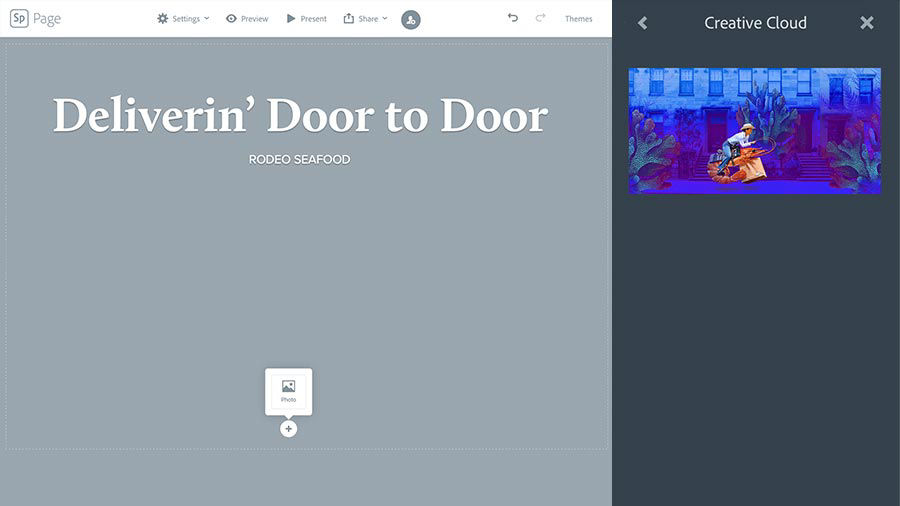 Adobe Spark Page with Creative Cloud side panel open showing the composite image.