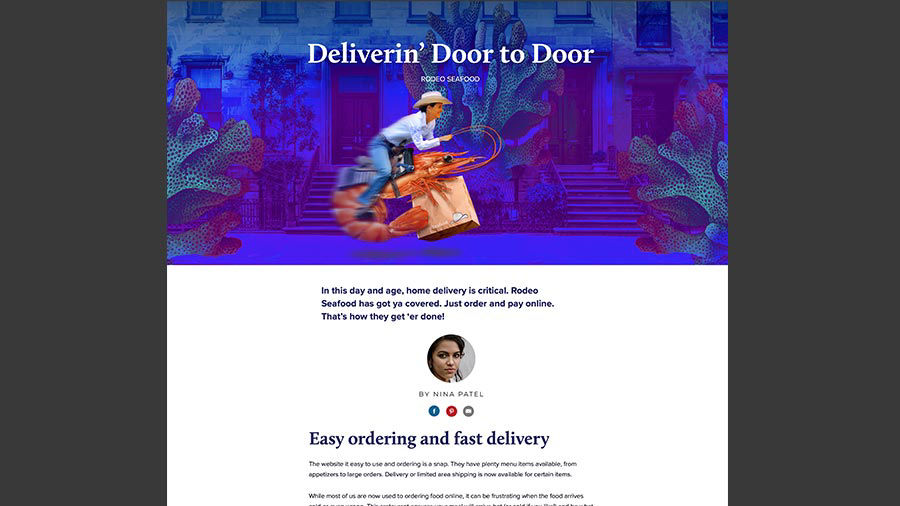 Web page of blog article with surreal composite hero image of female rodeo rider on back of over-sized shrimp, carrying a paper delivery bag on underwater colored city street.