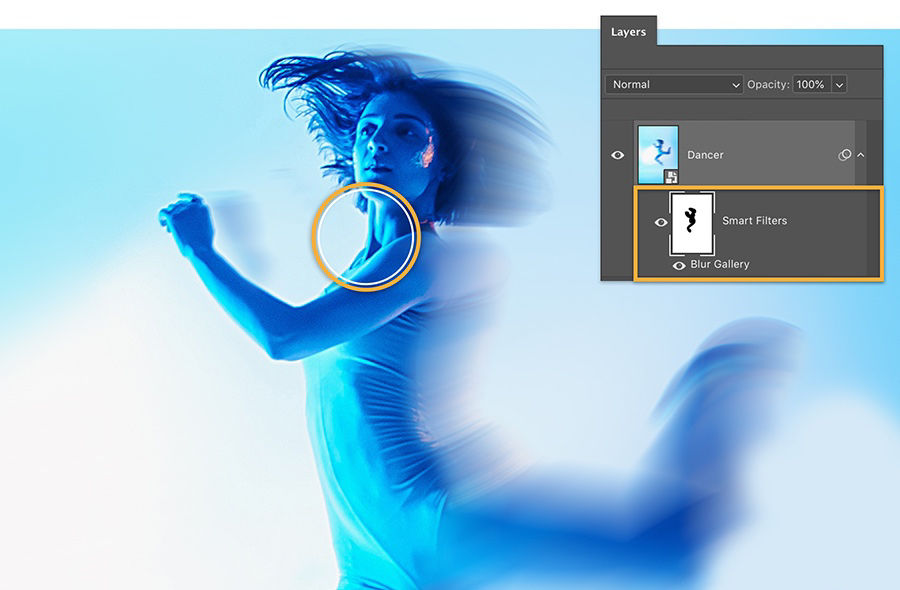 Paint with Brush tool on Smart Filters on the dancer to bring parts of the model into focus