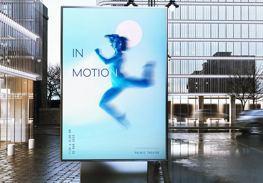 Image with Path Blur set in poster placeholder in front of two city buildings